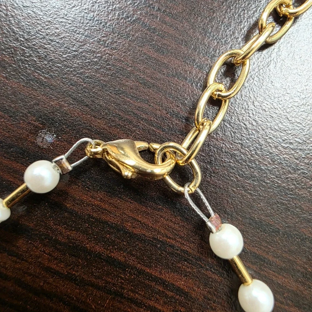 Napier Gold Tone Faux Pearl Bar Link Necklace 17 Inch Adjustable Clasp